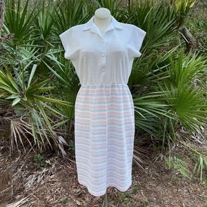 Vintage 80s White Knit Shirt Waist Dress Striped Skirt Cap Slv Lady Carol Size L